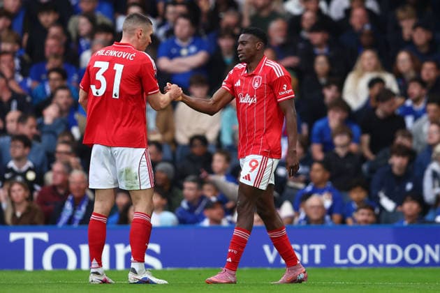 London, England, 4th May 2026. Taiwo Awoniyi (R) of Nottingham Forest celebrates after scoring to make it 3-0 during the Chelsea vs Nottingham Forest Premier League match at Stamford Bridge, London. Picture credit should read: Paul Terry Sportimage EDITORIAL USE ONLY. No use with unauthorised audio, video, data, fixture lists, club league logos or live services. Online in-match use limited to 120 images, no video emulation. No use in betting, games or single club league player publications. SPI_045_PT_Chelsea_Notts_Forest SPI-4780-0045