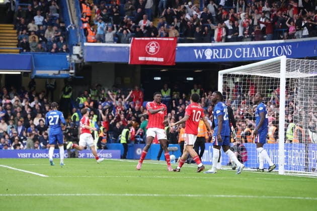 4th May 2026; Stamford Bridge, Chelsea, London, England: Premier League Football, Chelsea versus Nottingham Forest; Taiwo Awoniyi of Nottingham Forest celebrates his goal in the 52nd minute for 0-3 KatiexChan