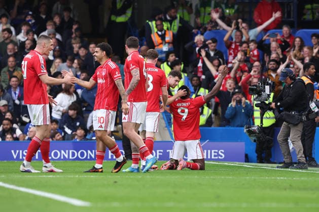 4th May 2026; Stamford Bridge, Chelsea, London, England: Premier League Football, Chelsea versus Nottingham Forest; Taiwo Awoniyi of Nottingham Forest celebrates his goal in the 52nd minute for 0-3 KatiexChan