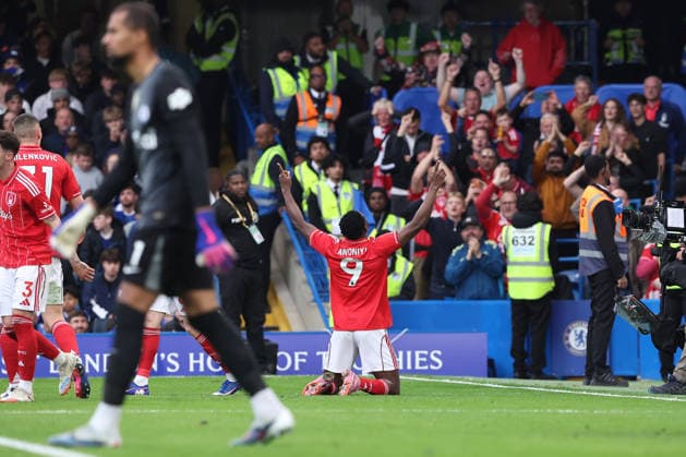4th May 2026; Stamford Bridge, Chelsea, London, England: Premier League Football, Chelsea versus Nottingham Forest; Taiwo Awoniyi of Nottingham Forest celebrates his goal in the 52nd minute for 0-3 KatiexChan