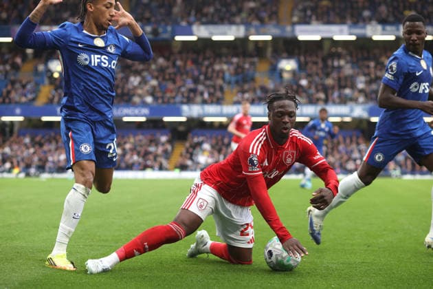 Chelsea v Nottingham Forest 4 May 2026, London - Premier League Football - Chelsea v Nottingham Forest - Dilane Bakwa of Nottingham Forest is fouled by Joao Pedro of Chelsea - Photo: Charlotte Wilson Offside. London UK Copyright: xCharlottexWilsonx xOffsidexOffside
