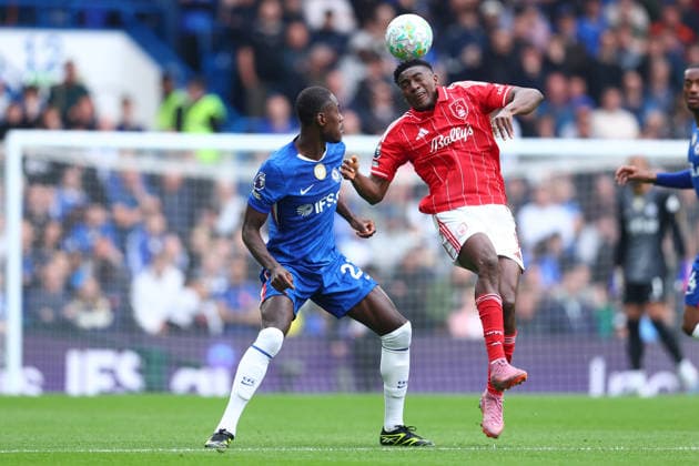 London, England, 4th May 2026. Taiwo Awoniyi of Nottingham Forest wins a header ahead of Trevoh Chalobah of Chelsea during the Chelsea vs Nottingham Forest Premier League match at Stamford Bridge, London. Picture credit should read: Paul Terry Sportimage EDITORIAL USE ONLY. No use with unauthorised audio, video, data, fixture lists, club league logos or live services. Online in-match use limited to 120 images, no video emulation. No use in betting, games or single club league player publications. SPI_065_PT_Chelsea_Notts_Forest SPI-4780-0065