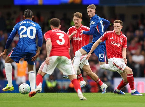 Chelsea v Nottingham Forest 4 May 2026, London - Premier League Football - Chelsea v Nottingham Forest - Cole Palmer of Chelsea and Elliot Anderson of Nottingham Forest - Photo: Charlotte Wilson Offside. London UK Copyright: xCharlottexWilsonx xOffsidexOffside