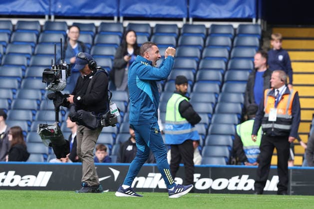 4th May 2026; Stamford Bridge, Chelsea, London, England: Premier League Football, Chelsea versus Nottingham Forest; Nottingham Forest manager Vitor Pereira celebrates with the away fans after the match KatiexChan