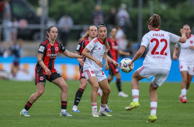 GER, Frankfurt, Eintracht Frankfurt vs FC Nürnberg, Google Pixel Bundesliga, Fussball, DFB, Spielzeit 2025 2026, Stadion am Brentanobad, 24. Spieltag im Bild v.l.: Geraldine Reuteler (Eintracht Frankfurt Frauen 14), Maëlle Seguin (1. FC Nürnberg Frauen 28) DFB DFL REGULATIONS PROHIBIT ANY USE OF PHOTOGRAPHS AS IMAGE SEQUENCES AND OR QUASI-VIDEO, 04.05.2026 Copyright: HMBxMedia HendrikxHamelau