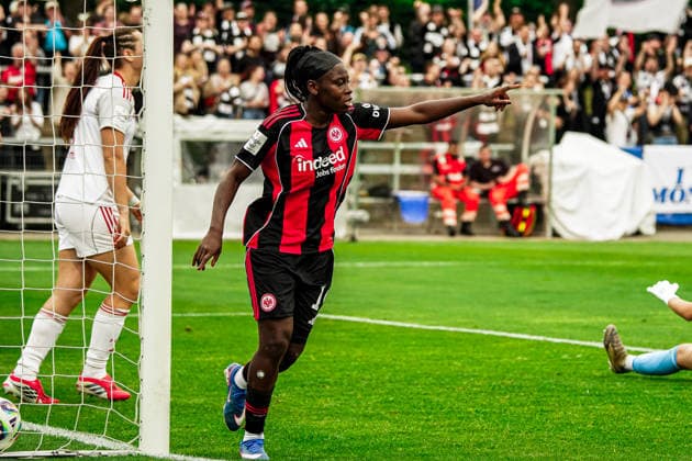 Deutschland: Fussball Google Pixel Frauen-Bundesliga 2025 2026 , 24. Spieltag - Eintracht Frankfurt Frauen vs 1. FC Nürnberg Frauen - Stadion Am Brentanobad (Frankfurt) : Nicole Anyomi (Eintracht Frankfurt Frauen, 19) Tor, Mimik, Gestik, Jubel, Torjubel Copyright: xBennetxLongx