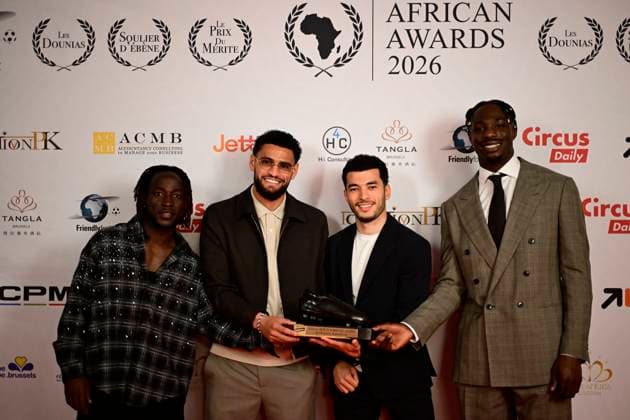 African Awards Gala 2026 -The Ebony Shoe WOLUWE, BELGIUM - MAY 04 : Guiagon Parfait of Charleroi, Zorgane Adem of Union Saint-Gilloise, El Ouahdi Zakaria of KRC Genk and David Promise of Union Saint-Gilloise pictured during the 35th edition of the Belgian African Award Ceremony 2026 given annually to the best player of African origin in the 2026 Belgian football championship at The Tangla hotel on May 4, 2026 in Woluwe, Belgium, 04 05 2026 Woluwe Belgium  Copyright: xNicoxVereeckenx