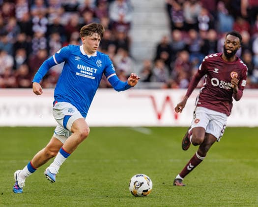 4th May 2026; Tynecastle Park, Edinburgh, Scotland: Scottish Premiership Football, Heart of Midlothian versus Rangers; Mikey Moore of Rangers breaks towards goal WMxSportxMedia