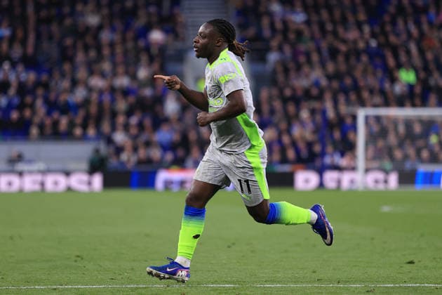 Football - Premier League - Everton v Manchester City 4th May 2026 - Premier League - Everton v Manchester City - Jeremy Doku of Manchester City celebrates after scoring their 1st goal - Photo: Simon Stacpoole Offside. Liverpool UK Copyright: xSimonxStacpoolexOffside
