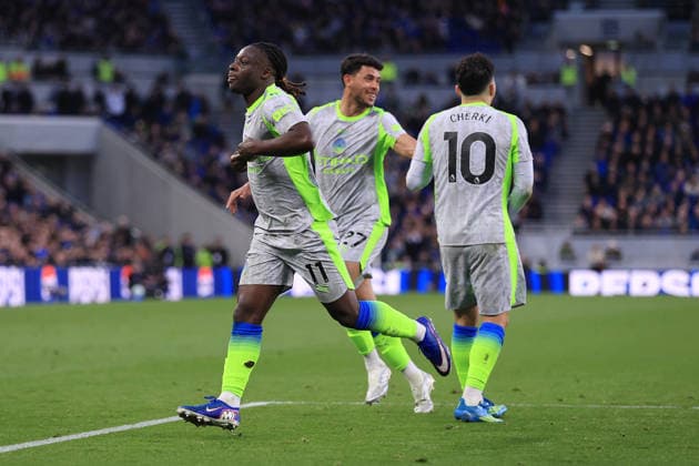 Football - Premier League - Everton v Manchester City 4th May 2026 - Premier League - Everton v Manchester City - Jeremy Doku of Manchester City celebrates after scoring their 1st goal - Photo: Simon Stacpoole Offside. Liverpool UK Copyright: xSimonxStacpoolexOffside