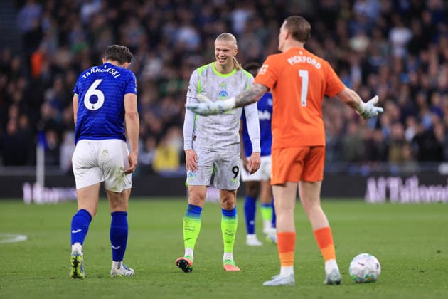 Football - Premier League - Everton v Manchester City 4th May 2026 - Premier League - Everton v Manchester City - Erling Haaland of Manchester City laughs and smiles at James Tarkowski of Everton - Photo: Simon Stacpoole Offside. Liverpool UK  Copyright: xSimonxStacpoolexOffside