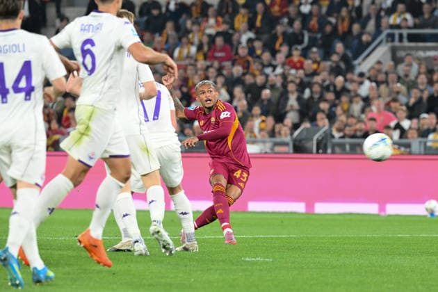 4th May 2026, Stadio Olimpico, Rome, Italy; Serie A Football; Roma versus Fiorentina; Wesley of AS Roma shoots and scores the goal for 2-0 in the 17th minute AllShotLive