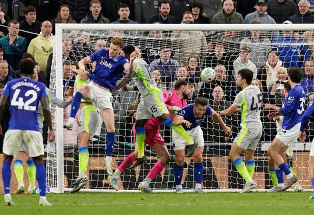 Liverpool, England, 4th May 2026. Jake O™Brien of Everton scoring their second goal during the Everton vs Manchester City Premier League match at Hill Dickinson Stadium, Liverpool. Picture credit should read: Andrew Yates Sportimage EDITORIAL USE ONLY. No use with unauthorised audio, video, data, fixture lists, club league logos or live services. Online in-match use limited to 120 images, no video emulation. No use in betting, games or single club league player publications. SPI_038_AY_Everton_Man_City SPI-4779-0038