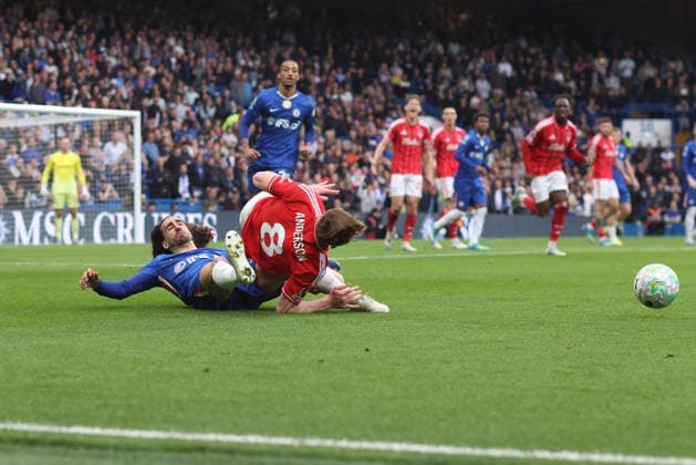 Chelsea v Nottingham Forest 4 May 2026, London - Premier League Football - Chelsea v Nottingham Forest - Marc Cucurella of Chelsea tackles Elliot Anderson of Nottingham Forest - Photo: Charlotte Wilson Offside. London UK Copyright: xCharlottexWilsonx xOffsidexOffside