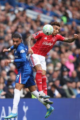 Chelsea v Nottingham Forest 4 May 2026, London - Premier League Football - Chelsea v Nottingham Forest - Malo Gusto of Chelsea and Igor Jesus of Nottingham Forest - Photo: Charlotte Wilson Offside. London UK Copyright: xCharlottexWilsonx xOffsidexOffside
