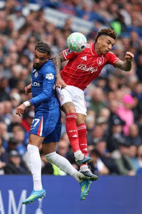 Chelsea v Nottingham Forest 4 May 2026, London - Premier League Football - Chelsea v Nottingham Forest - Malo Gusto of Chelsea and Igor Jesus of Nottingham Forest - Photo: Charlotte Wilson Offside. London UK Copyright: xCharlottexWilsonx xOffsidexOffside