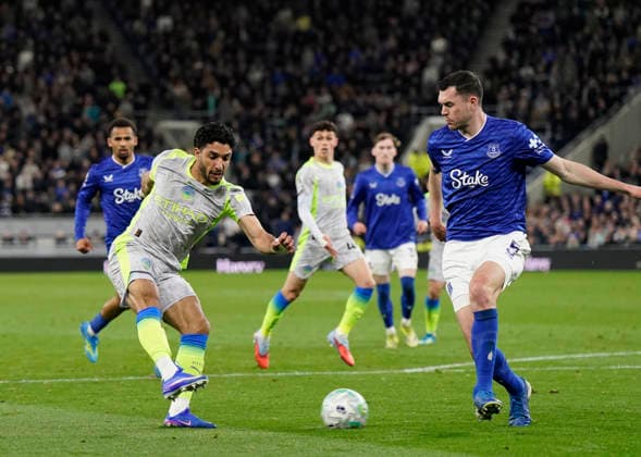 Liverpool, England, 4th May 2026. Omar Marmoush of Manchester City shot blocked by Michael Keane of Everton during the Everton vs Manchester City Premier League match at Hill Dickinson Stadium, Liverpool. Picture credit should read: Andrew Yates Sportimage EDITORIAL USE ONLY. No use with unauthorised audio, video, data, fixture lists, club league logos or live services. Online in-match use limited to 120 images, no video emulation. No use in betting, games or single club league player publications. SPI_047_AY_Everton_Man_City SPI-4779-0047