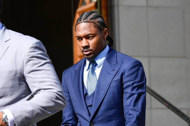 DEDHAM, MA - MAY 04: Professional football wide receiver Stefon Diggs walks out of Dedham District Court on May 4, 2026, following the first day of his assault trial. Diggs has pleaded not guilty to charges of felony strangulation and misdemeanor assault and battery. (Photo by Erica Denhoff Icon Sportswire) NFL, American Football Herren, USA MAY 04 Stefon Diggs Assault Trial EDITORIAL USE ONLY Icon2605044