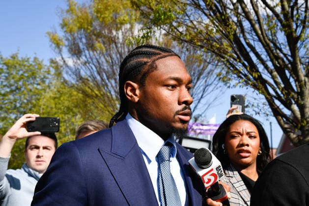 DEDHAM, MA - MAY 04: Professional football wide receiver Stefon Diggs walks out of Dedham District Court on May 4, 2026, following the first day of his assault trial. Diggs has pleaded not guilty to charges of felony strangulation and misdemeanor assault and battery. (Photo by Erica Denhoff Icon Sportswire) NFL, American Football Herren, USA MAY 04 Stefon Diggs Assault Trial EDITORIAL USE ONLY Icon2605043