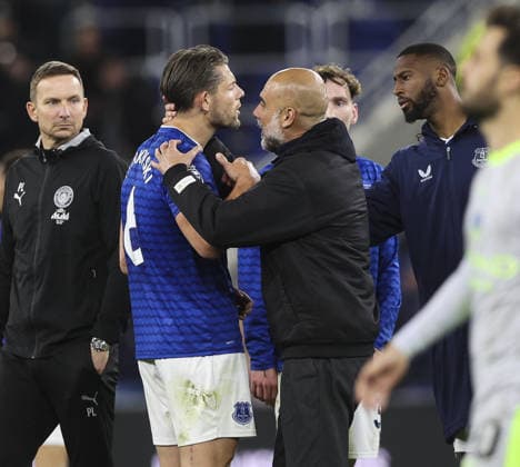 Everton v Manchester City, FA Premier League 04.05.26 Everton v Manchester City, FA Premier League Bradley Ormesher The Times Pep Guardiola manager of Manchester City and James Tarkowski of Everton at ened of the match  Copyright: xBradleyxOrmesherx NINTCHDBPICT001078296325