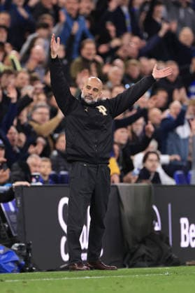 Football - Premier League - Everton v Manchester City 4th May 2026 - Premier League - Everton v Manchester City - Manchester City manager Pep Guardiola reacts - Photo: Simon Stacpoole Offside. Liverpool UK Copyright: xSimonxStacpoolexOffside