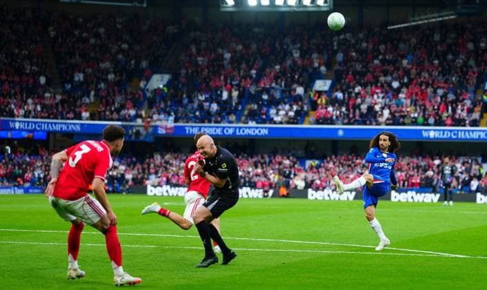 Marc Cucurella of Chelsea skies a shot as referee Anthony Taylor flinches Chelsea v Nottingham Forest, Premier League, Football, Stamford Bridge, London , UK - 04 May 2026London Stamford Bridge United Kingdom EDITORIAL USE ONLY No use with unauthorised audio, video, data, fixture lists, club league logos or live services. Online in-match use limited to 120 images, no video emulation. No use in betting, games or single club league player publications. Copyright: xJavierxGarcia Shutterstockx 16854610cw