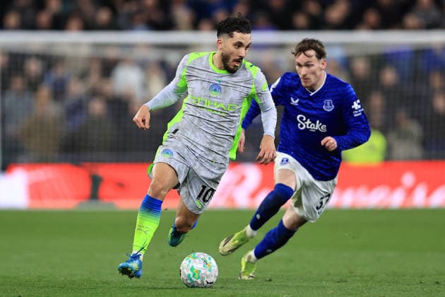 4th May 2026; Hill Dickinson Stadium, Liverpool, England; Premier League Football, Everton versus Manchester City; Rayan Cherki of Manchester City is pursued by James Garner of Everton DavidxBlunsden