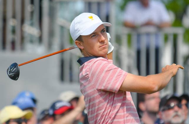 Friday September 29, 2017: Jordan Spieth of the United States watches his tee shot on the 2nd hole during the second round of the Presidents Cup at Liberty National Golf Course in Jersey City, New Jersey. Gregory Vasil CSM Copyright: xGregoryxVasilx