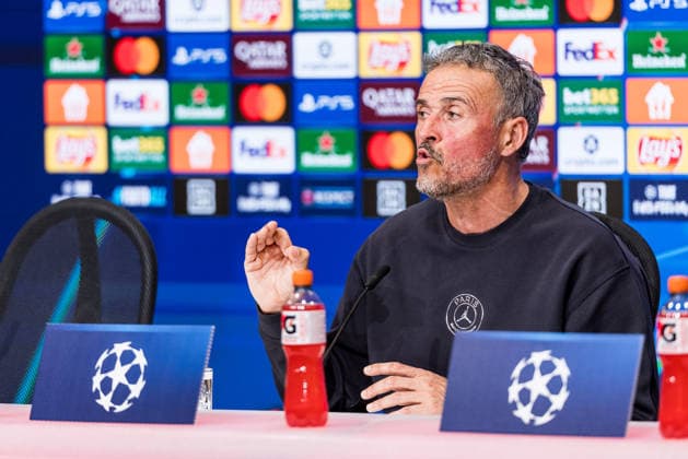 MUNICH, GERMANY - MAY 5: Luis Enrique (Head Coach Paris Saint-Germain) during the press conference, PK, Pressekonferenz of Paris Saint-Germain before the match between FC Bayern Muenchen vs Paris Saint-Germain at Allianz Arena on matchday -1 of the UEFA Champions League Semi Final on May 5, 2026 in Munich, Germany. Bavaria Germany Copyright: xSteffiexWunderlx