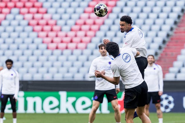 MUNICH, GERMANY - MAY 5: Warren Zaire-Emery (FC Paris Saint-Germain, 33) controls the ball via header during training of Paris Saint-Germain before the match between FC Bayern Muenchen vs Paris Saint-Germain at Allianz Arena on matchday -1 of the UEFA Champions League Semi Final on May 5, 2026 in Munich, Germany. Bavaria Germany Copyright: xSteffiexWunderlx