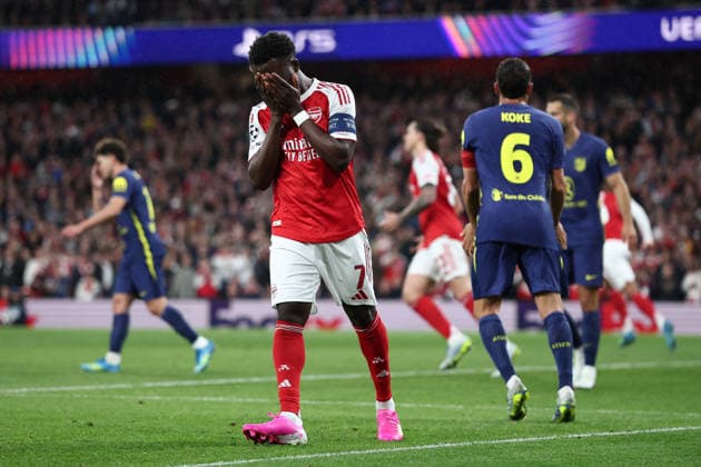 London, England, 5th May 2026. Bukayo Saka of Arsenal reacts after missing a shot on goal during the Arsenal vs Atletico Madrid UEFA Champions League match at the Emirates Stadium, London. Picture credit should read: David Klein Sportimage EDITORIAL USE ONLY. No use with unauthorised audio, video, data, fixture lists, club league logos or live services. Online in-match use limited to 120 images, no video emulation. No use in betting, games or single club league player publications. SPI_050_DK_Arsenal_Athletico_Madrid SPI-4781-0050