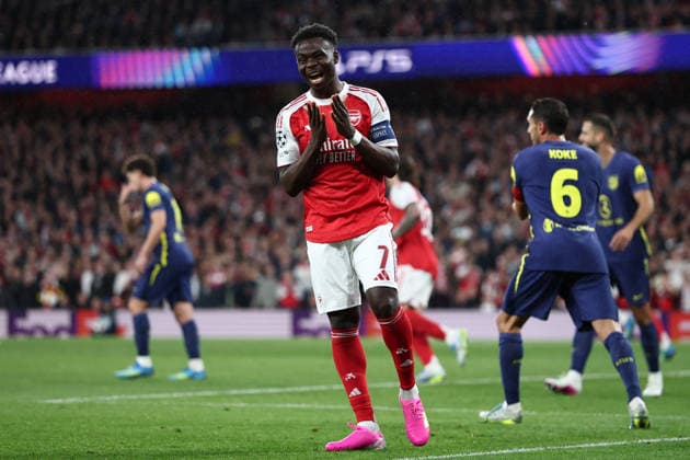 London, England, 5th May 2026. Bukayo Saka of Arsenal reacts after missing a shot on goal during the Arsenal vs Atletico Madrid UEFA Champions League match at the Emirates Stadium, London. Picture credit should read: David Klein Sportimage EDITORIAL USE ONLY. No use with unauthorised audio, video, data, fixture lists, club league logos or live services. Online in-match use limited to 120 images, no video emulation. No use in betting, games or single club league player publications. SPI_051_DK_Arsenal_Athletico_Madrid SPI-4781-0051