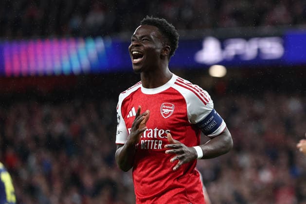 London, England, 5th May 2026. Bukayo Saka of Arsenal reacts after missing a shot on goal during the Arsenal vs Atletico Madrid UEFA Champions League match at the Emirates Stadium, London. Picture credit should read: David Klein Sportimage EDITORIAL USE ONLY. No use with unauthorised audio, video, data, fixture lists, club league logos or live services. Online in-match use limited to 120 images, no video emulation. No use in betting, games or single club league player publications. SPI_052_DK_Arsenal_Athletico_Madrid SPI-4781-0052