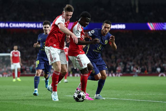 London, England, 5th May 2026. Viktor Gyokeres of Arsenal and Bukayo Saka of Arsenal are challenged by Koke of Atletico Madrid during the Arsenal vs Atletico Madrid UEFA Champions League match at the Emirates Stadium, London. Picture credit should read: David Klein Sportimage EDITORIAL USE ONLY. No use with unauthorised audio, video, data, fixture lists, club league logos or live services. Online in-match use limited to 120 images, no video emulation. No use in betting, games or single club league player publications. SPI_055_DK_Arsenal_Athletico_Madrid SPI-4781-0055