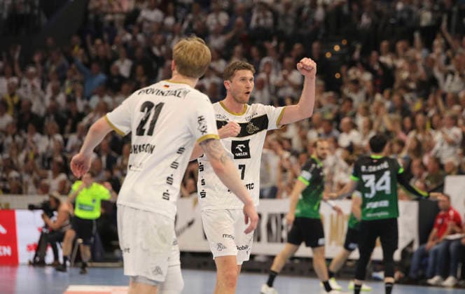 photo : Torjubel bei Magnus Landin (Kiel) und links vorne Eric Johansson Handball Herren am Di. 05.05.2026 Mens EHF European League , THW Kiel - RK Nexe Nasice