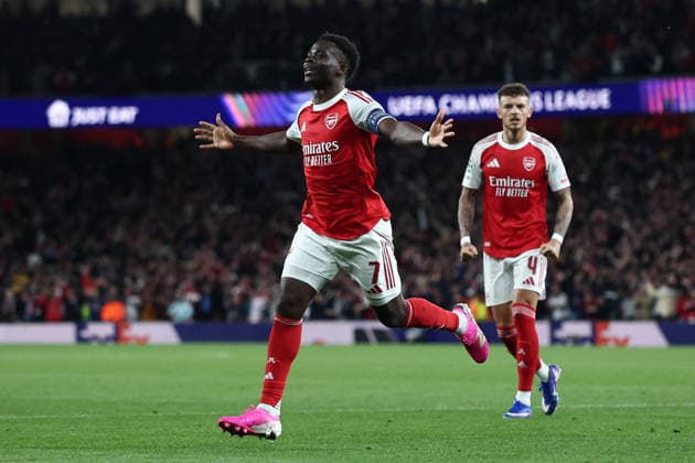 London, England, 5th May 2026. Bukayo Saka of Arsenal celebrates after scoring to make it 1-0 during the Arsenal vs Atletico Madrid UEFA Champions League match at the Emirates Stadium, London. Picture credit should read: David Klein Sportimage EDITORIAL USE ONLY. No use with unauthorised audio, video, data, fixture lists, club league logos or live services. Online in-match use limited to 120 images, no video emulation. No use in betting, games or single club league player publications. SPI_075_DK_Arsenal_Athletico_Madrid SPI-4781-0075