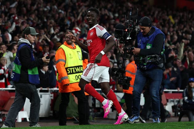 London, England, 5th May 2026. Bukayo Saka of Arsenal celebrates after scoring to make it 1-0 during the Arsenal vs Atletico Madrid UEFA Champions League match at the Emirates Stadium, London. Picture credit should read: David Klein Sportimage EDITORIAL USE ONLY. No use with unauthorised audio, video, data, fixture lists, club league logos or live services. Online in-match use limited to 120 images, no video emulation. No use in betting, games or single club league player publications. SPI_082_DK_Arsenal_Athletico_Madrid SPI-4781-0082