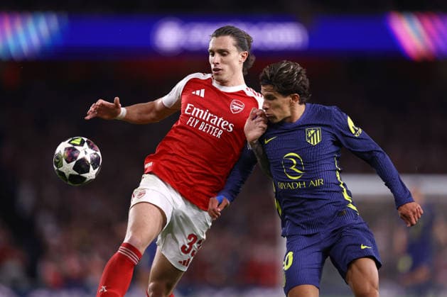 Arsenal v Atletico Madrid 05 May 2026, London - UEFA Champions League - Semi Final - Second Leg - Arsenal v Atletico Madrid - Riccardo Calafiori of Arsenal and Giuliano Simeone of Atletico Madrid - Photo: Jacques Feeney Offside. London UK Copyright: xJacquesxFeeneyx xOffsidexOffside