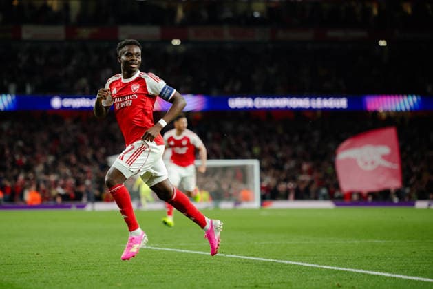 Champions League 2025 26 Semi Final 2nd Leg Arsenal v Atletico Madrid Emirates Stadium 05.05.2026 Bukayo Saka of Arsenal scores and celebrates 1-0 Champions League 2025 26 Semi Final 2nd Leg Arsenal v Atletico Madrid Emirates Stadium 05.05.2026 Photograph By Marc Aspland The Times  Copyright: xMarcxAsplandx NINTCHDBPICT001078549084