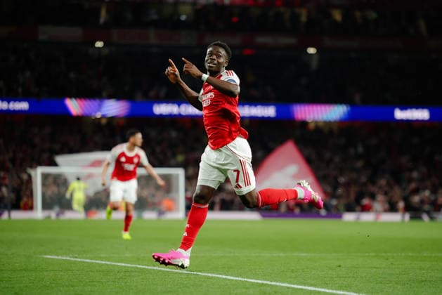Champions League 2025 26 Semi Final 2nd Leg Arsenal v Atletico Madrid Emirates Stadium 05.05.2026 Bukayo Saka of Arsenal scores and celebrates 1-0 Champions League 2025 26 Semi Final 2nd Leg Arsenal v Atletico Madrid Emirates Stadium 05.05.2026 Photograph By Marc Aspland The Times  Copyright: xMarcxAsplandx NINTCHDBPICT001078549495