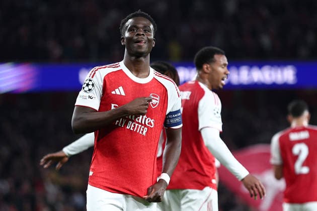 London, England, 5th May 2026. Bukayo Saka of Arsenal celebrates after scoring to make it 1-0 during the Arsenal vs Atletico Madrid UEFA Champions League match at the Emirates Stadium, London. Picture credit should read: David Klein Sportimage EDITORIAL USE ONLY. No use with unauthorised audio, video, data, fixture lists, club league logos or live services. Online in-match use limited to 120 images, no video emulation. No use in betting, games or single club league player publications. SPI_103_DK_Arsenal_Athletico_Madrid SPI-4781-0103