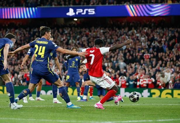 Bukayo Saka scores the opening goal of the game for Arsenal Mikel Arteta the Arsenal manager Arsenal v Atletico Madrid, Football, UEFA Champions League, Semi-Final 2nd Leg, Emirates Stadium, Islington, London, UK - 05 05 2026  Copyright: xMattxImpey Shutterstockx 16860940c