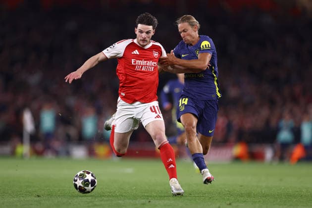 Arsenal v Atletico Madrid 05 May 2026, London - UEFA Champions League - Semi Final - Second Leg - Arsenal v Atletico Madrid - Declan Rice of Arsenal and Marcos Llorente of Atletico Madrid - Photo: Jacques Feeney Offside. London UK Copyright: xJacquesxFeeneyx xOffsidexOffside