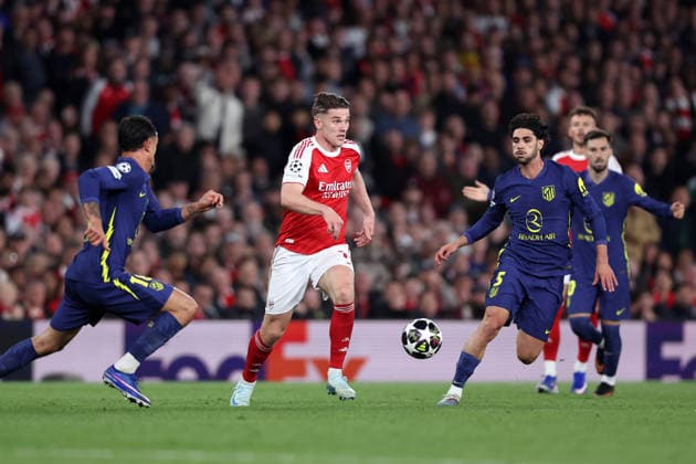 London, England, 5th May 2026. Viktor Gyokeres of Arsenal with the ball under pressure from Nahuel Molina (L ) and Johnny Cardoso of Atletico Madrid during the Arsenal vs Atletico Madrid UEFA Champions League match at the Emirates Stadium, London. Picture credit should read: David Klein Sportimage EDITORIAL USE ONLY. No use with unauthorised audio, video, data, fixture lists, club league logos or live services. Online in-match use limited to 120 images, no video emulation. No use in betting, games or single club league player publications. SPI_125_DK_Arsenal_Athletico_Madrid SPI-4781-0125