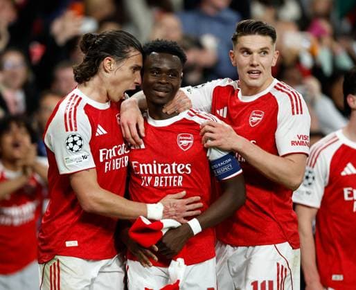 Bukayo Saka of Arsenal celebrates scoring the opening goal with Riccardo Calafiori (left) and Viktor Gyokeres Arsenal v Atletico Madrid, Football, UEFA Champions League, Semi-Final 2nd Leg, Emirates Stadium, Islington, London, UK - 05 05 2026  Copyright: xMattxImpey Shutterstockx 16860940ab