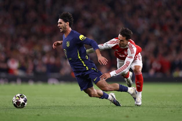 Arsenal v Atletico Madrid 05 May 2026, London - UEFA Champions League - Semi Final - Second Leg - Arsenal v Atletico Madrid - Johnny Cardoso of Atletico Madrid and Martin Zubimendi of Arsenal - Photo: Jacques Feeney Offside. London UK Copyright: xJacquesxFeeneyx xOffsidexOffside
