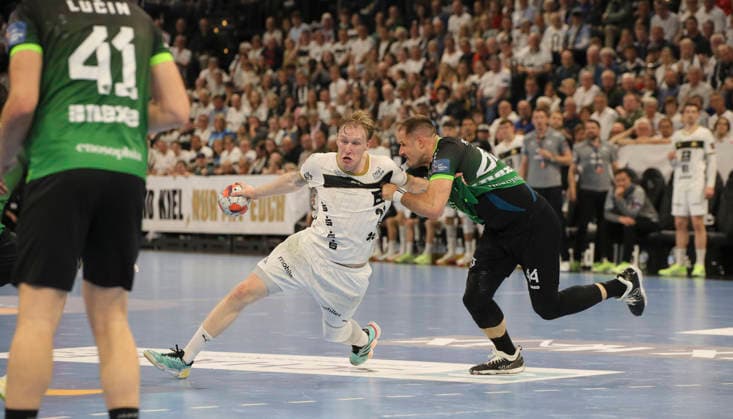 photo : am Ball Eric Johansson ( Kiel ) gegen Kresimir Kozina (Nasice , rechts) Handball Herren am Di. 05.05.2026 Mens EHF European League , THW Kiel - RK Nexe Nasice