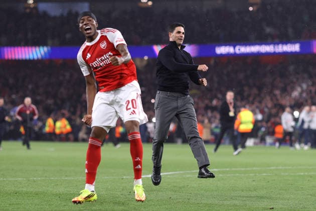 Arsenal v Atletico Madrid 05 May 2026, London - UEFA Champions League - Semi Final - Second Leg - Arsenal v Atletico Madrid - Noni Madueke and manager Mikel Arteta celebrate the Arsenal victory - Photo: Jacques Feeney Offside. London UK Copyright: xJacquesxFeeneyx xOffsidexOffside