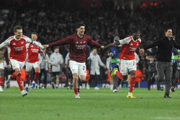 Football - 2025 2026 UEFA Champions League - Semi-Final, Second Leg: Arsenal (1) vs. Atletico Madrid (1) - Emirates Stadium - Tuesday 5th May 2026 Arsenal celebrate - l-r. Martin Odegaard, Kai Havertz, Noni Madueke and Manager, Mikel Arteta Colorsport Andrew Cowie 