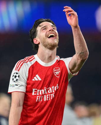 05 May 2026 - Arsenal v Athletico Madrid - Champions League - Emirates Stadium. Arsenal v Athletico Madrid - Champions League - Emirates Stadium. Declan Rice celebrates victory at the final whistle. Picture : Mark Pain London England  Copyright: xMarkxPainx